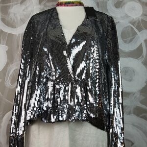 AZEEZA Thistle Wmns XS Silver Sequined Long Sleeve Top Glamcore PartyCore
